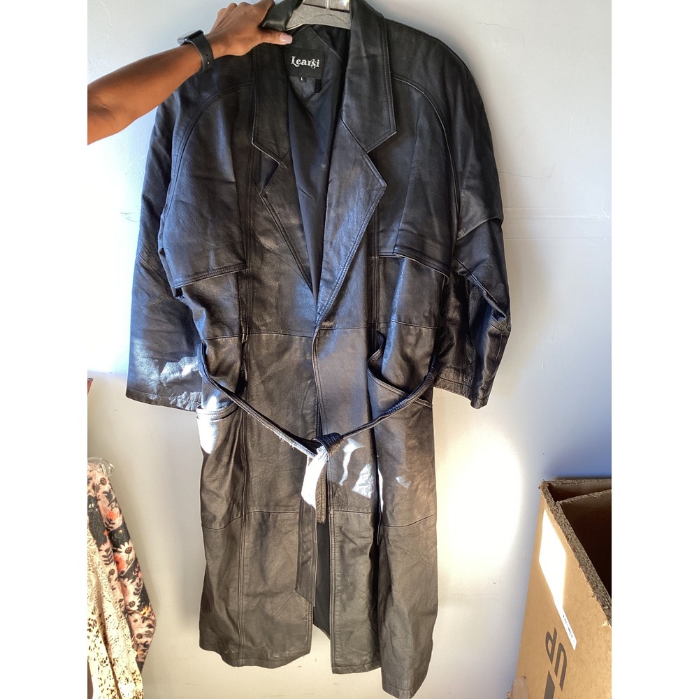 Learsi Vintage Black Leather Trench Coat Longline Belted Jacket Large